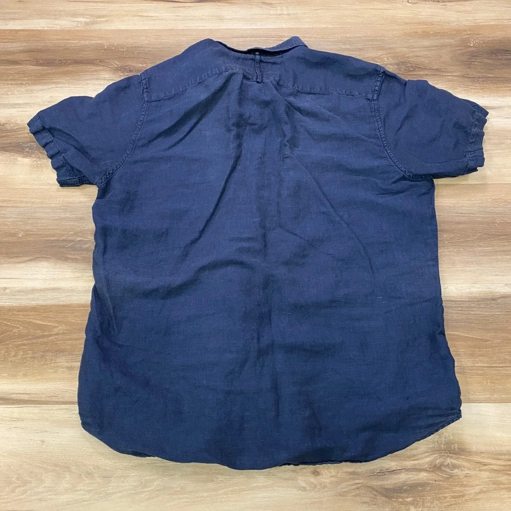 Banana Republic Shirt Large Guayabera Style Linen Cotton Short Sleeve Navy Blue